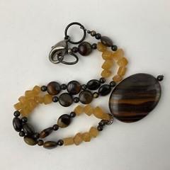 Vtg Genuine Brown Gold Tiger Iron Pendant Yellow Citrine Beaded Necklace Sz 17″