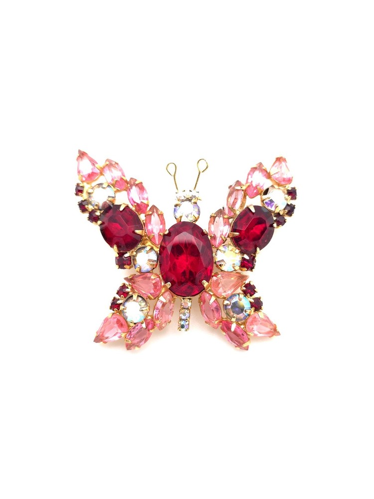 Vintage Gold Tone Red Pink Aurora Borealis Butterfly Rhinestoone Brooch Pin