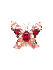 Vintage Gold Tone Red Pink Aurora Borealis Butterfly Rhinestoone Brooch Pin