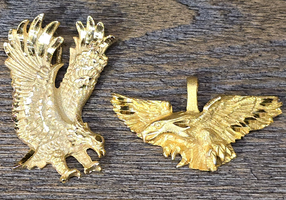 2pc Vintage Flying Eagle Gold Plated Pewter Pendant Lot Mens Biker EXCELLENT