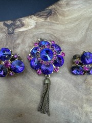 Vtg RARE EDLEE Czech Style Glass Tassel Statement Pendant & Clip-on Earrings