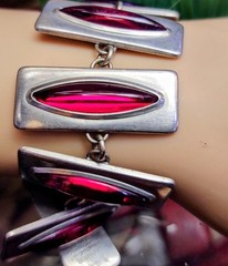 Vintage Jorgen Jensen Bracelet, Red Glass, Pewter, Denmark (2308)