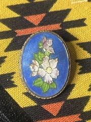 Antique Guilloche’ Enameled On Copper 1 1/2” Oval White Green Floral On Blue Pin