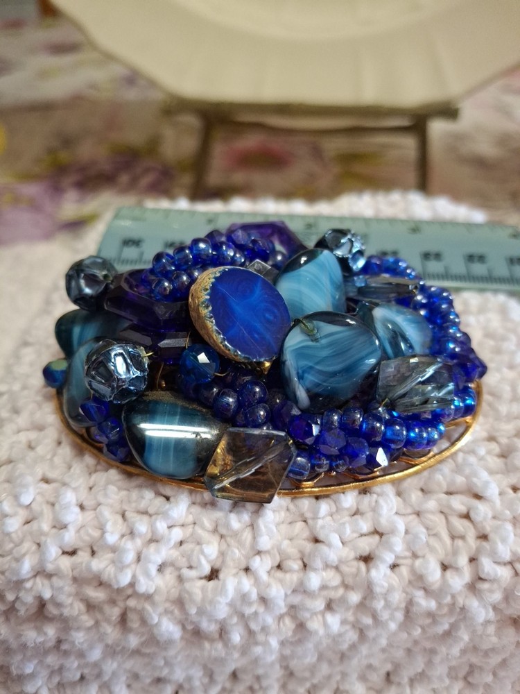 Vintage Large 3″ Blue Multistone And Bead Strung Brooch Unsigned Haskell/Hager?
