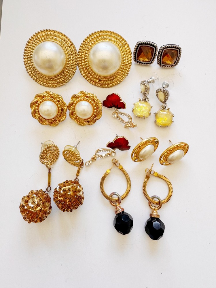 Lot of 8 Pairs Vintage Gold Tone Statement Earrings Faux Pearl Rhinestone Enamel