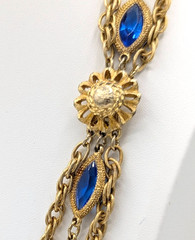 Vintage Multistrand Rope Chain Necklace Cobalt Blue Glass Gold Tone Statement