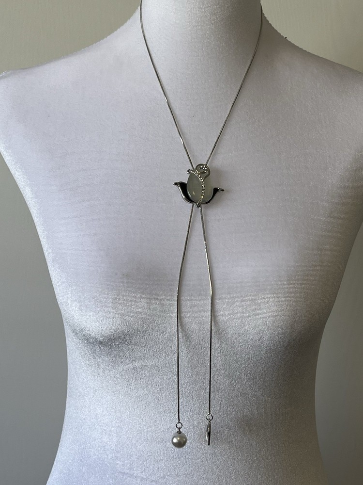 Vintage Silver Bolo Slide Necklace Flower Chain Lariat Rhinestone 32”