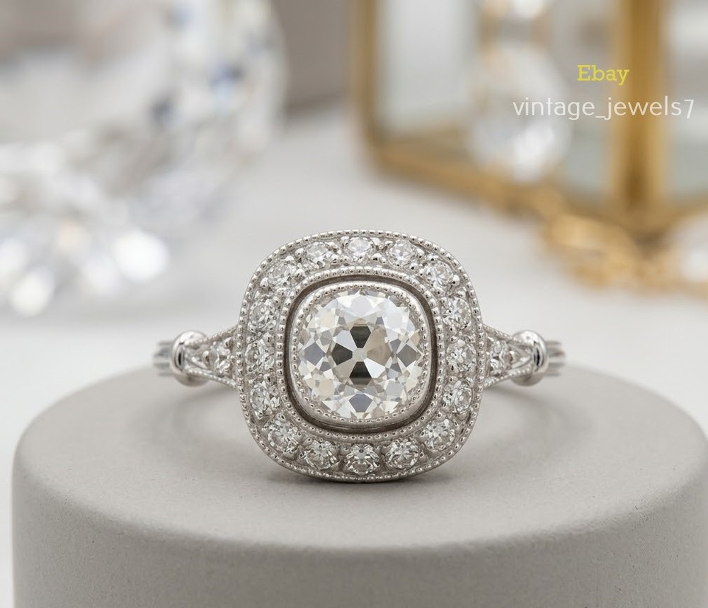 2.40CT Cushion Lab Created Diamond Wedding Vintage Halo Antique Ring 14K Gold FN