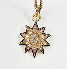 Antique Victorian GIA 19K Gold 1.21ctw Old Mine Diamond Blue Enamel Star Pendant