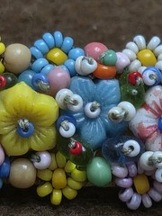 Vintage Seed Bead Flower Brooch C Clasp Fabric Back Pin Artisan MCM