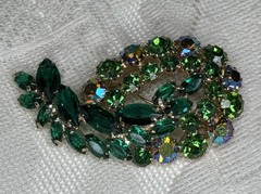 Vintage Brooch Green Marquise and Aurora Borealis Rhinestones AB Prong Set