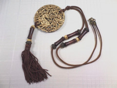 VTG 60s CROWN TRIFARI Carved Deer Pendant Necklace Satin Cord Wooden Beads
