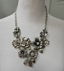 Retro Floral Bib Necklace Signed VCLM Rhinestones Faux Pearls Silver Tone