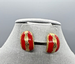Vintage Red Enamel Gold Tone Post Earrings Statement Wavy Twist Design Bold 80s