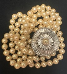 Vtg Signed JOMAZ Triple Strand Faux Pearl Rhinestone Baguette Clasp Choker