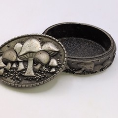 Vtg JJ Jonette Pewter Mushroom Trinket Box Brooch Pin Matching Earrings Signed