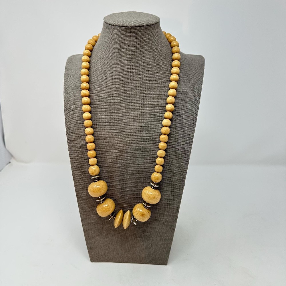 Vintage Boho Natural Wood Bead Statement Necklace 26″ Chunky Earthy – 70s Vibe