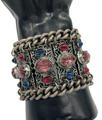 VTG/ANTIQUE Czech open-work silver-tone Mogul rhinestone chain Chunky bracelet
