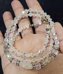 Vtg Beaded Rose Quartz & Clear iridescent glass beads Necklace 25in- S121