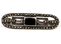Antique Art Deco Sterling Silver Marcasite & Black Enamel Brooch Beauty Pin 1.5″