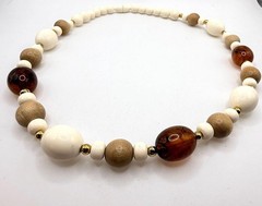 Vintage off white light wood and brown marbled amber colored beaded necklace