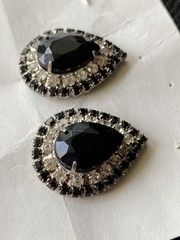Earrings Pierced Post, VTG Costume Rhinestone Black Pear & pave clear crystals