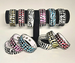 Zebra Print Rhinestone Wrap Bracelets Snap Leather Crystal Cuff Bracelet 12 pcs