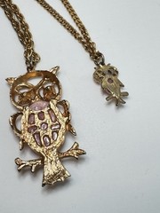 Vintage Double Strand Owl Necklace Pink Cabochon Gold Tone Layered Pendant