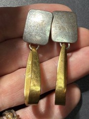 Vintage Modernist Mixed Metal Dangle Earrings Hoops Clip-on Marked “USA” Jewelry