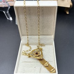 Vintage 12k Gold Filled Pocket Watch Chain Mesh Necklace FOB, Dog Clip, Red Gem