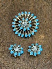 Vintage Mid-Century Turquoise Tone Clear Rhinestone Floral Brooch & Earrings Set