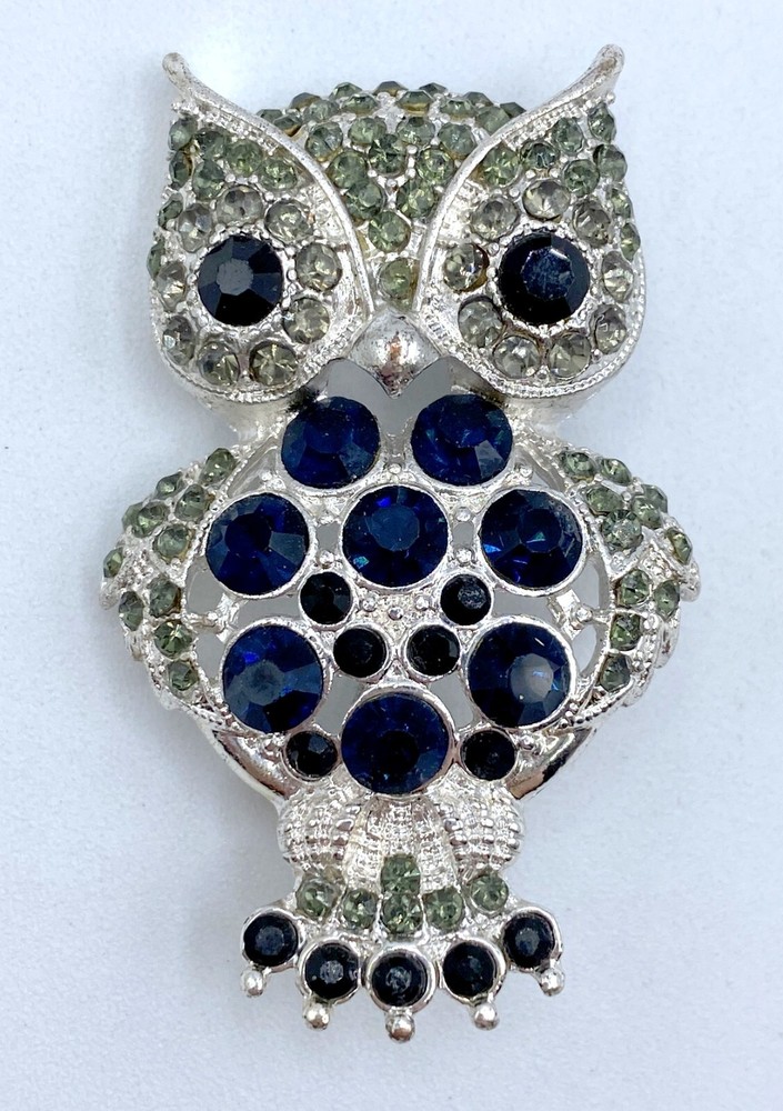 B7-727 VINTAGE BROOCH SILVER PIN 2″ RHINESTONE CRYSTAL OWL BIRD ANIMAL