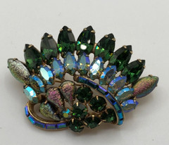 Gorgeous HOLLYCRAFT Peacock Blue AB, Green Rhinestone Iridescent Cab Brooch