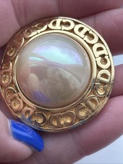 Christian Dior Earrings Vintage Pearl Round Logo Gold Tone Clip On