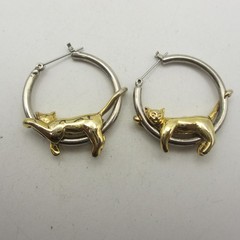 Vintage Figural Earrings Gold Tone Cat Silver Tone Hoop For Pierced Ears