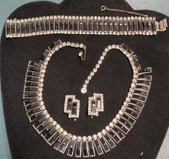 Kramer of NY Vintage Black Lucite? Clear Rhinestone Modernist Parure Set