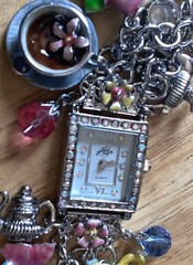 RARE Kirk’s Folly Silver Tone Watch/bracelet Dangles Fairies Tea Pots Tea Cups