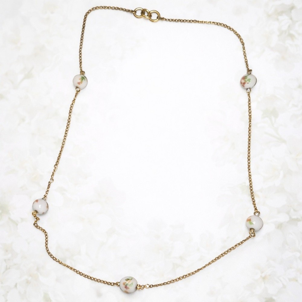 Vintage Dainty Gold Tone Choker Chain Hand Painted Floral Beads 14 Inches