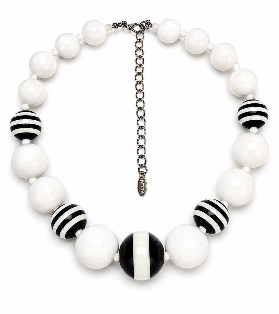 VTG VCLM Signed Mod Black White Striped Resin Bead Statement Choker Necklace 80s
