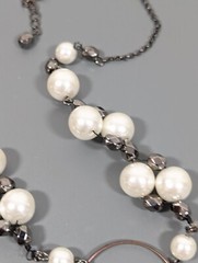 Gray Metallic White Faux Pearl Charm Chain Tassel Beaded Necklace 21 in