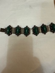 vintage sterling silver bracelet features marquise-cut green onyx stones bezel-s