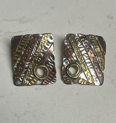 Vintage Artisan Earrings Modernist Mixed Metal Riveted Dangle Clip On So Unique