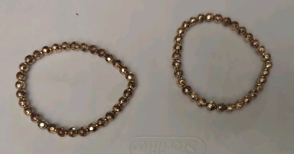 Gold Colored Plastic Beaded Bracelets Vintage Lot Of Two Stretch Plastic