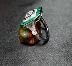 Art Deco Style Ascher Cut Lab-Created Diamond & Emerald Double Halo Silver Ring