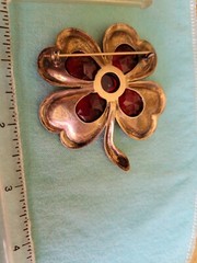 Sterling & Red Stones Four Heart Petals Flower Brooch Pin