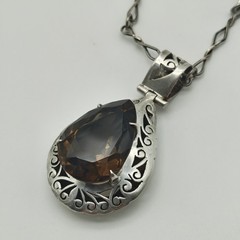 Vintage Sterling Silver 925 Smoky Quartz Large Pendant Necklace 24″
