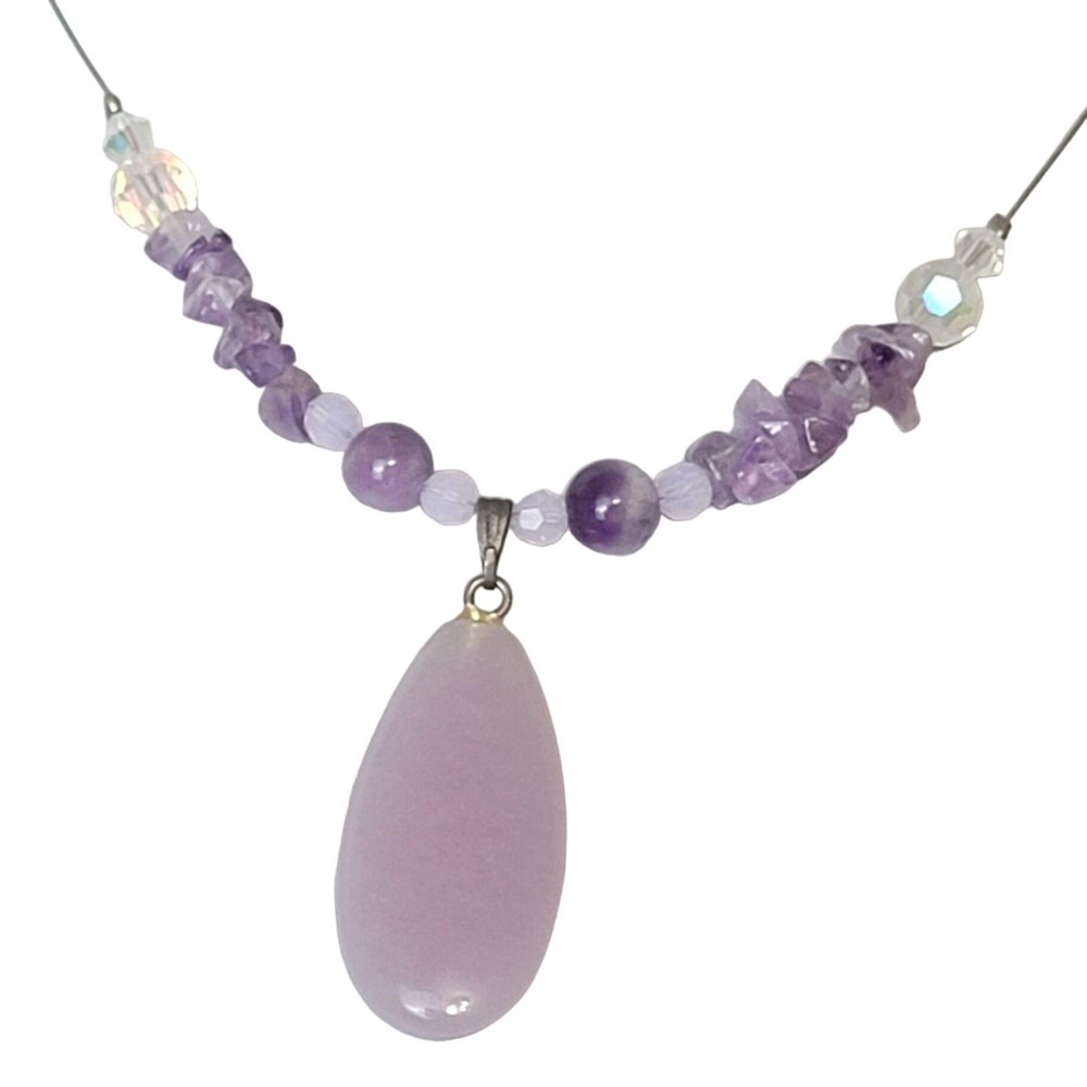 Vintage Purple Glass Stone Necklace Adjustable Length Women Jewelry Beads Gift