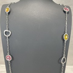 Lia Sophia Gumdrop silvertone necklace w/crystal stations in pink green & yellow