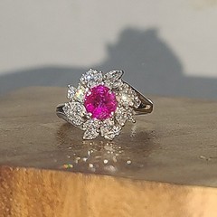 Vintage Platinum Cocktail Ring 1.77CT. Natural Round Cut Pink Sapphire GIA Cert