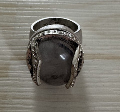 Signed Kim Fowley Statement Ring Silver Tone Gray Cabochon Rhinestone Vintage
